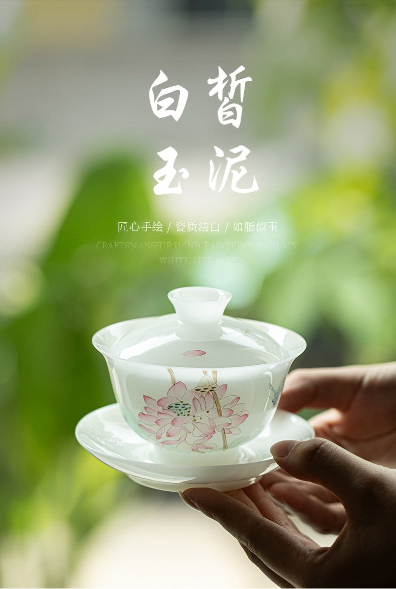 白皙手绘盖碗-清莲一梦