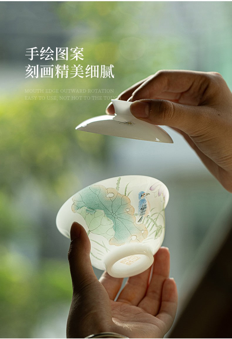 白皙手绘盖碗-清莲一梦
