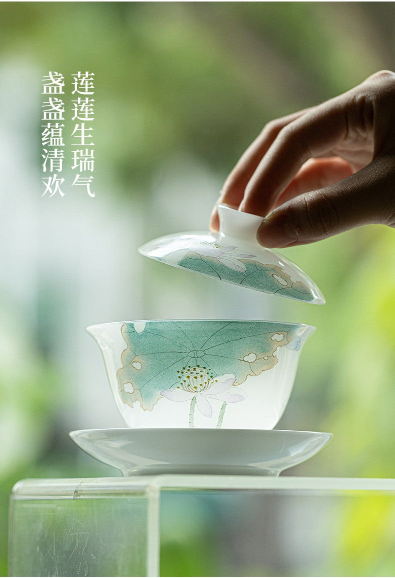 白皙手绘盖碗-清莲一梦