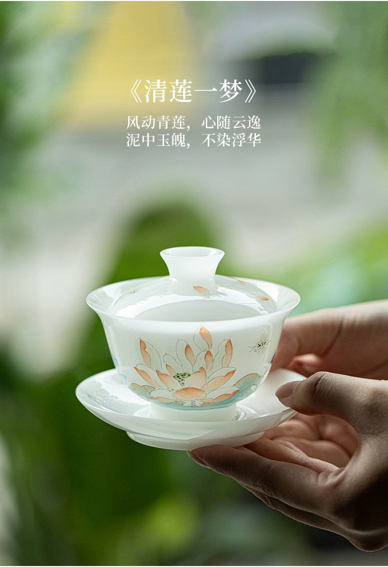 白皙手绘盖碗-清莲一梦