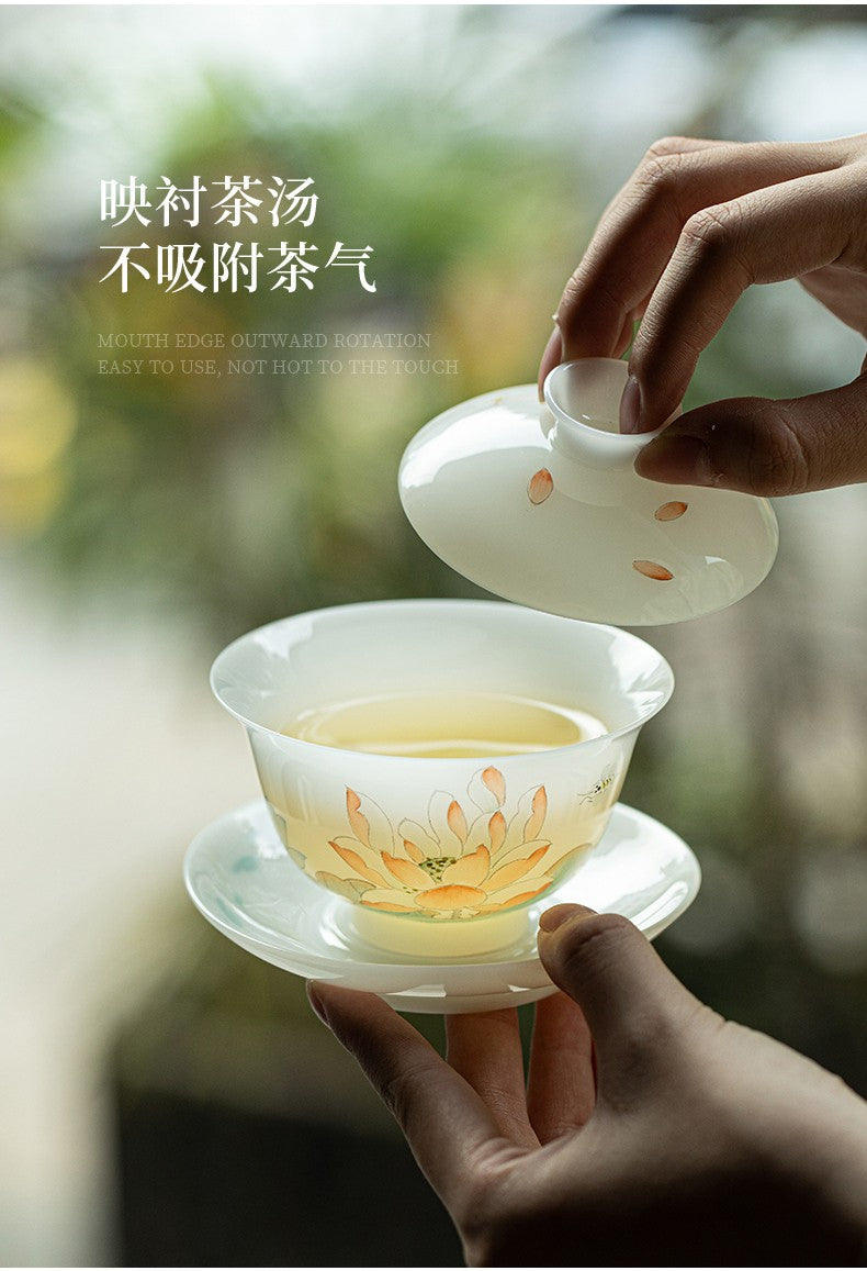 白皙手绘盖碗-清莲一梦