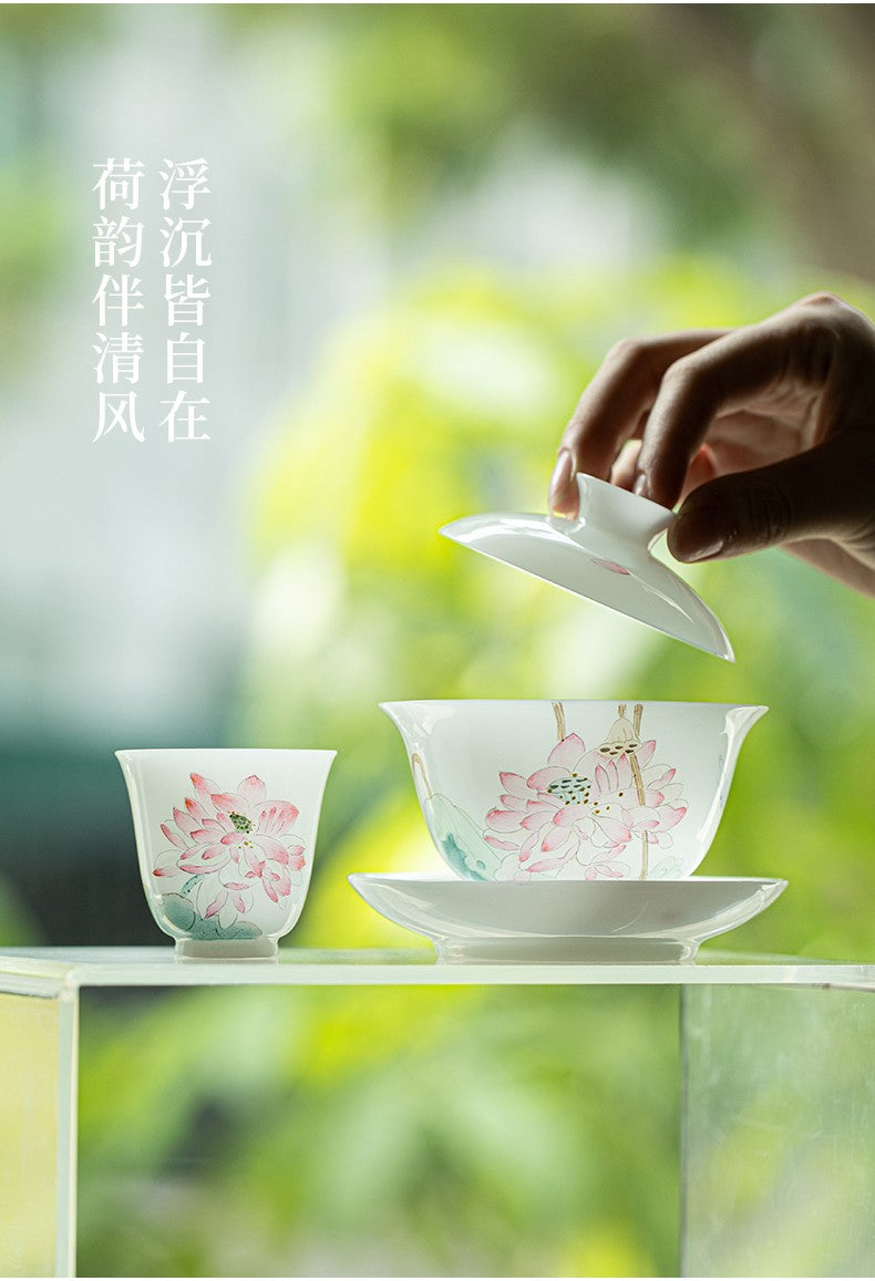 白皙手绘盖碗-清荷莲涟