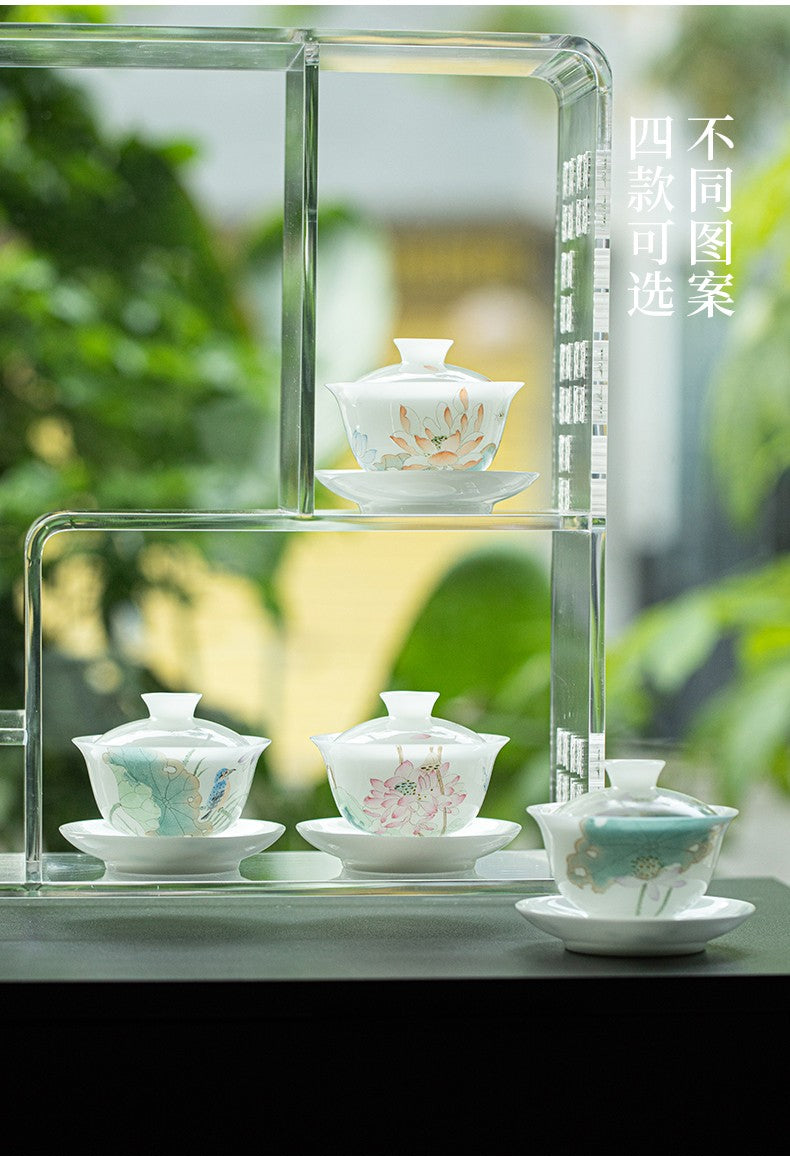 白皙手绘盖碗-清荷莲涟