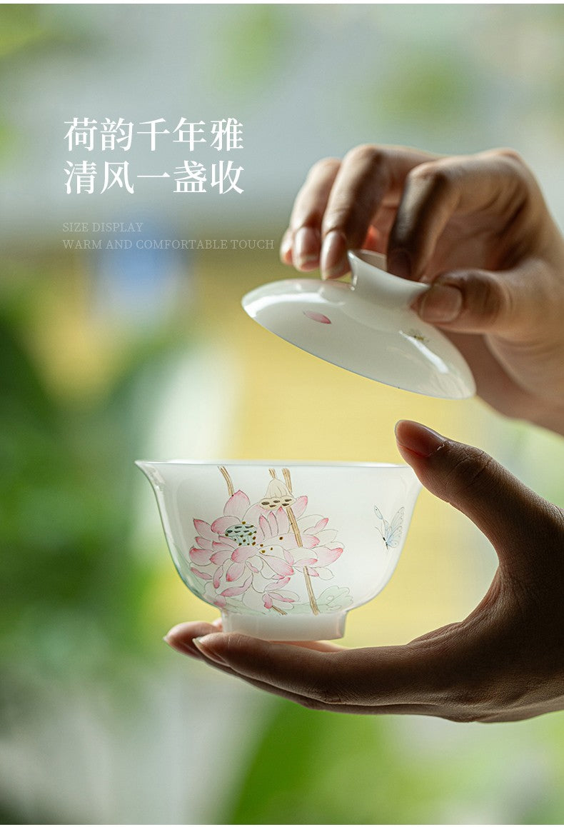 白皙手绘盖碗-清荷莲涟