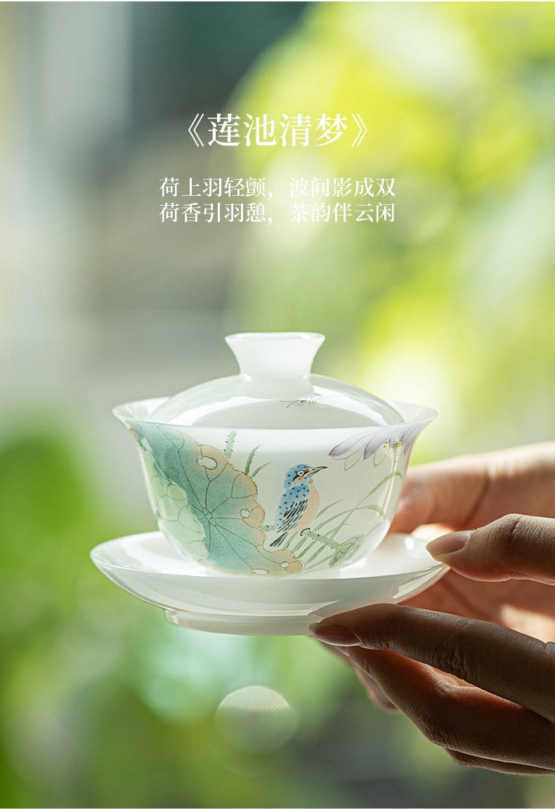 白皙手绘盖碗-清荷莲涟