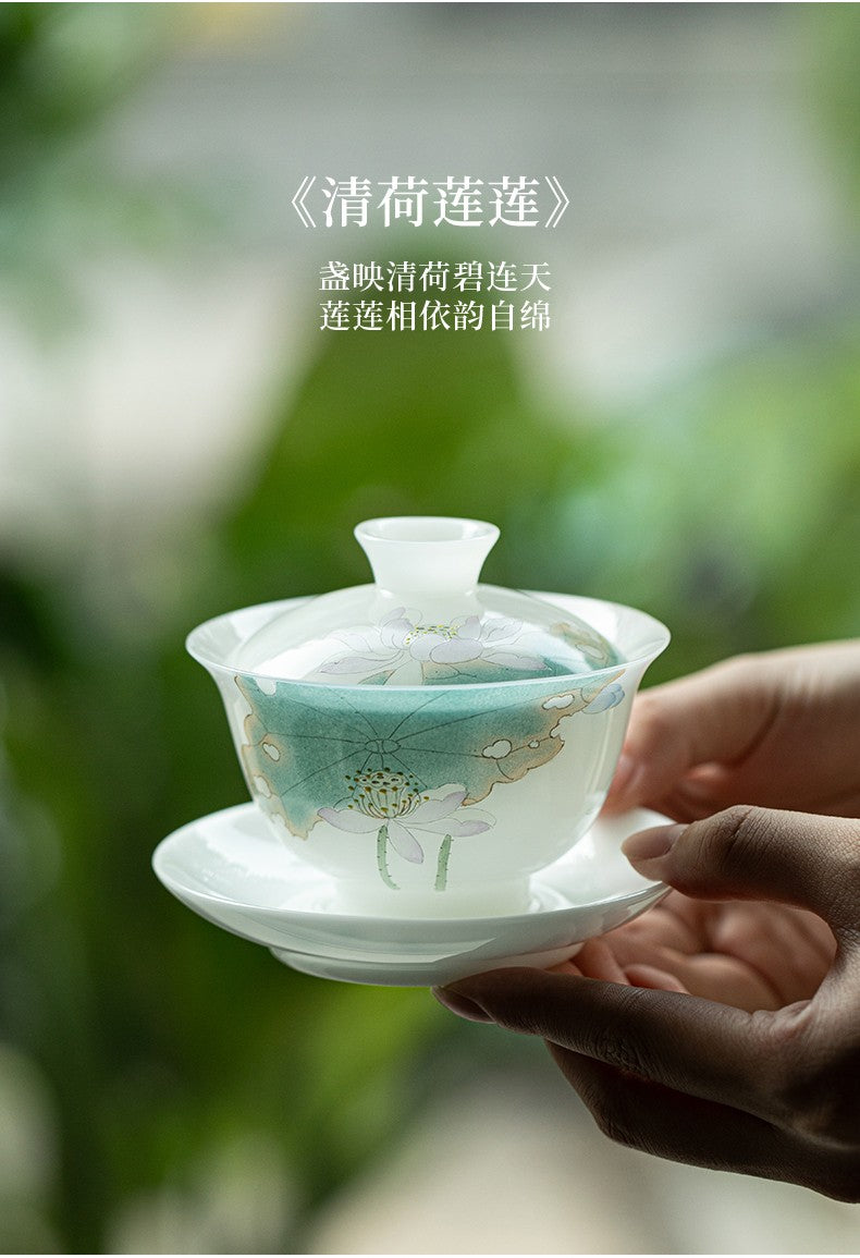 白皙手绘盖碗-清荷莲涟